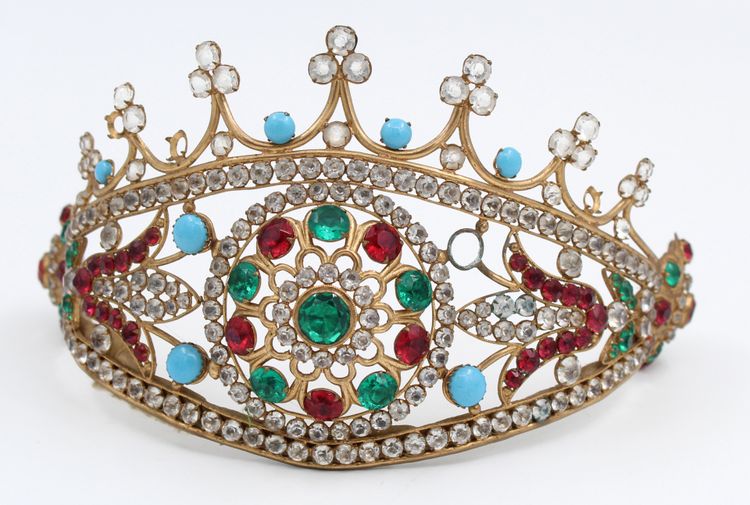 19th-century gilt brass tiara with rhinestones 