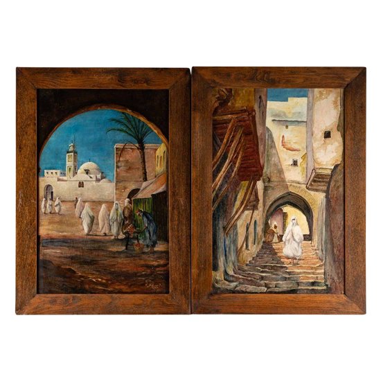 Pair Of Orientalist Paintings Oil On Mahogany Panels 20th Century