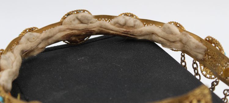 19th-century crown made of gilded brass and turquoise-blue opaline pearls 