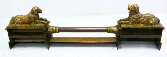 Pair Of Bronze Andirons With Nineteenth Hunting Dogs