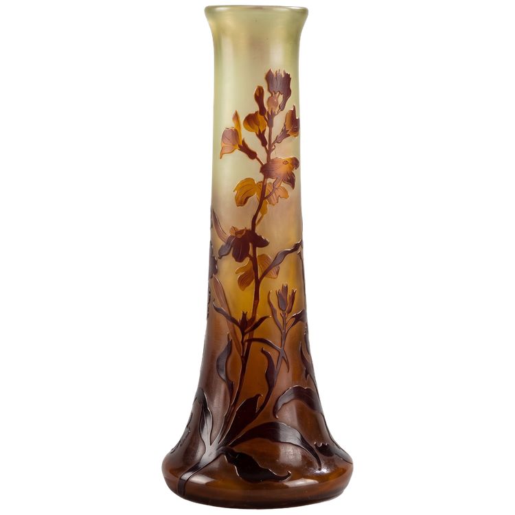 EMILE GALLÉ ,VASE ART NOUVEAU MODELE VERNISÉ A DECOR D IRIS H 45,5 CM VERS 1900