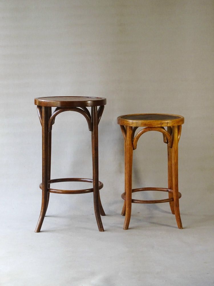 Two BAUMANN stools, wooden seats, bar stools, circa 1930