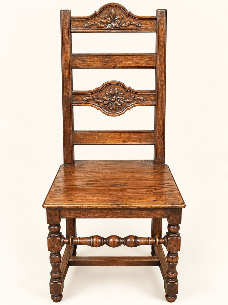 Suite de 8 Chaises Rustiques Style Henri II Chêne Sculpté