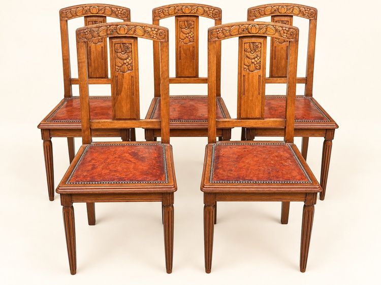 5 Art Deco Walnut Chairs with Sculpted Back, Studded Leather Seat – 1920s