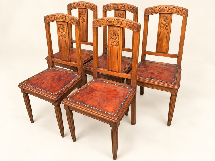 5 Art Deco Walnut Chairs with Sculpted Back, Studded Leather Seat – 1920s