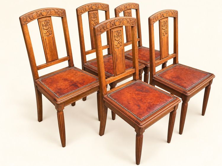 5 Art Deco Walnut Chairs with Sculpted Back, Studded Leather Seat – 1920s