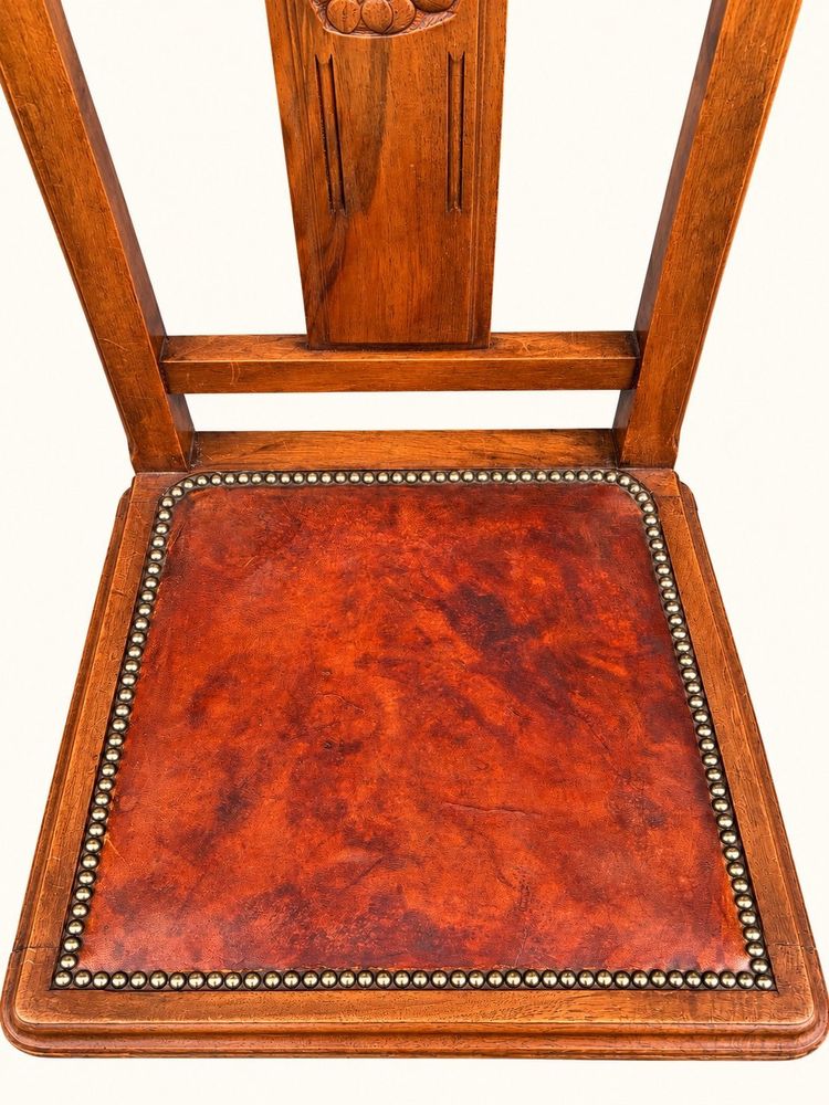 5 Art Deco Walnut Chairs with Sculpted Back, Studded Leather Seat – 1920s