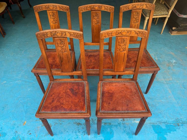 5 Art Deco Walnut Chairs with Sculpted Back, Studded Leather Seat – 1920s
