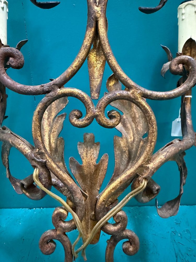 Antique 20th-century wrought-iron wall sconce with two lights, 41x35 cm