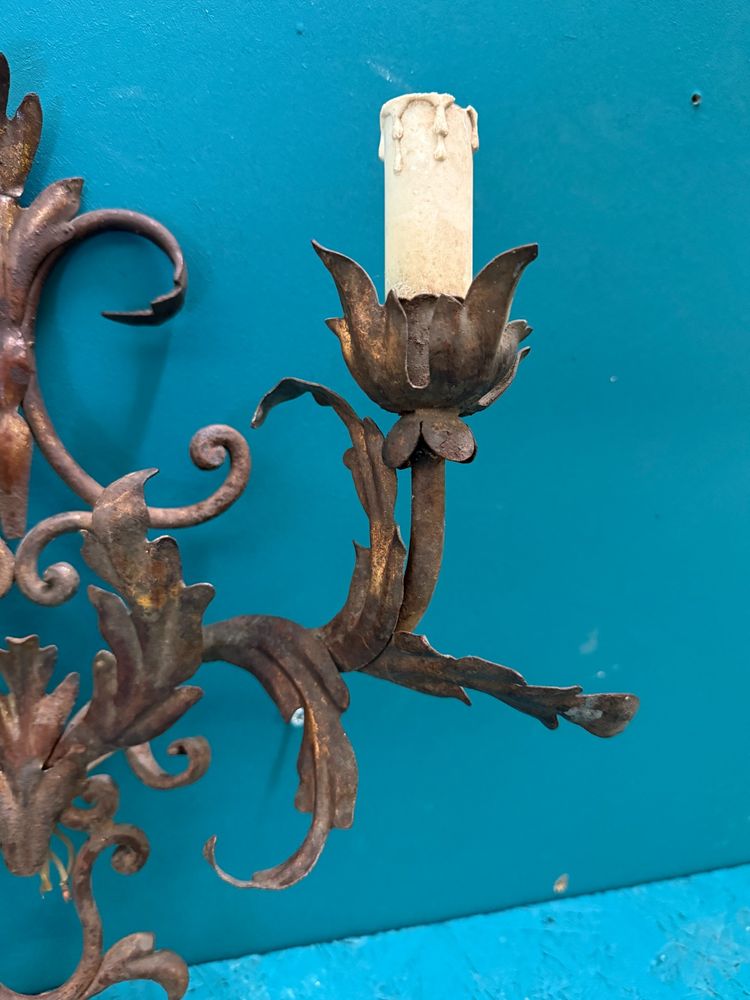 Antique 20th-century wrought-iron wall sconce with two lights, 41x35 cm