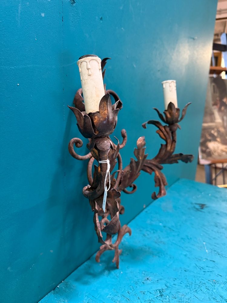 Antique 20th-century wrought-iron wall sconce with two lights, 41x35 cm