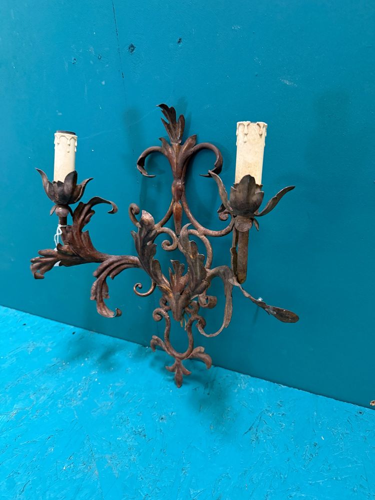 Antique 20th-century wrought-iron wall sconce with two lights, 41x35 cm