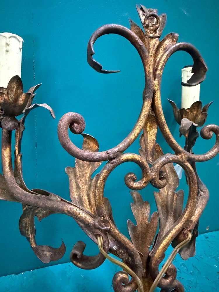 Antique 20th-century wrought-iron wall sconce with two lights, 41x35 cm