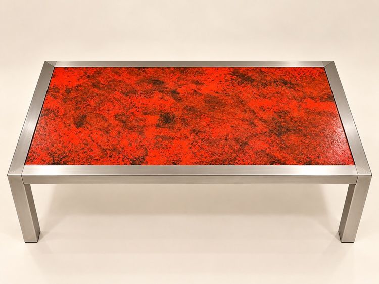 Couchtisch Design 1970er – Emaillierte Vulkanstein & Edelstahl