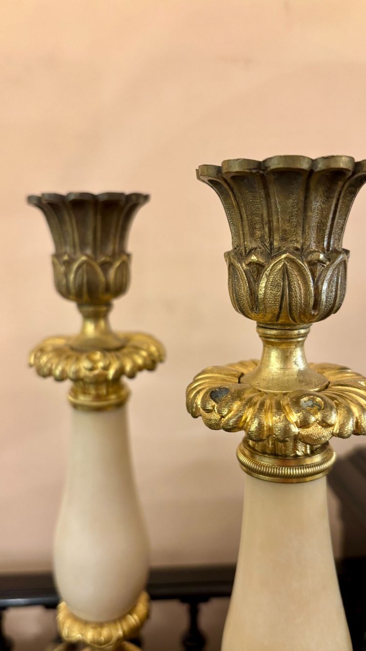 Pair of Agate and Gilt-Bronze Candlesticks, 19th Century