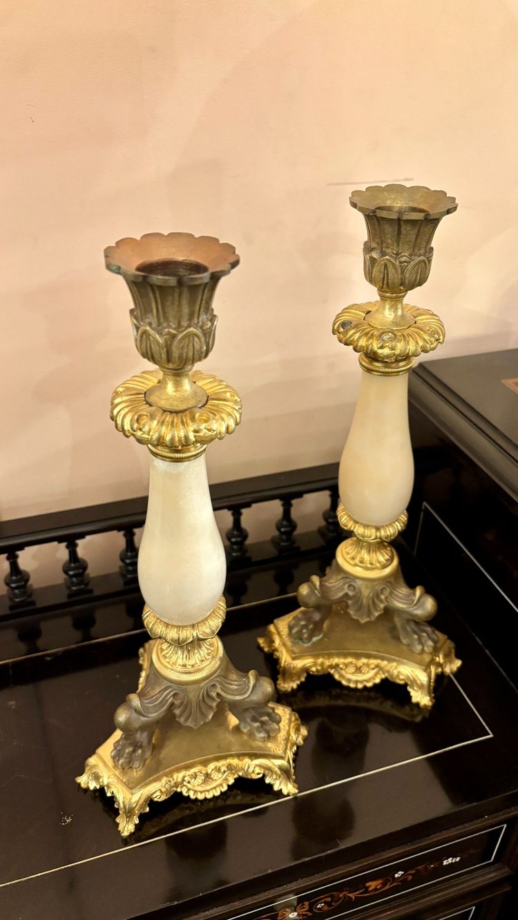 Pair of Agate and Gilt-Bronze Candlesticks, 19th Century