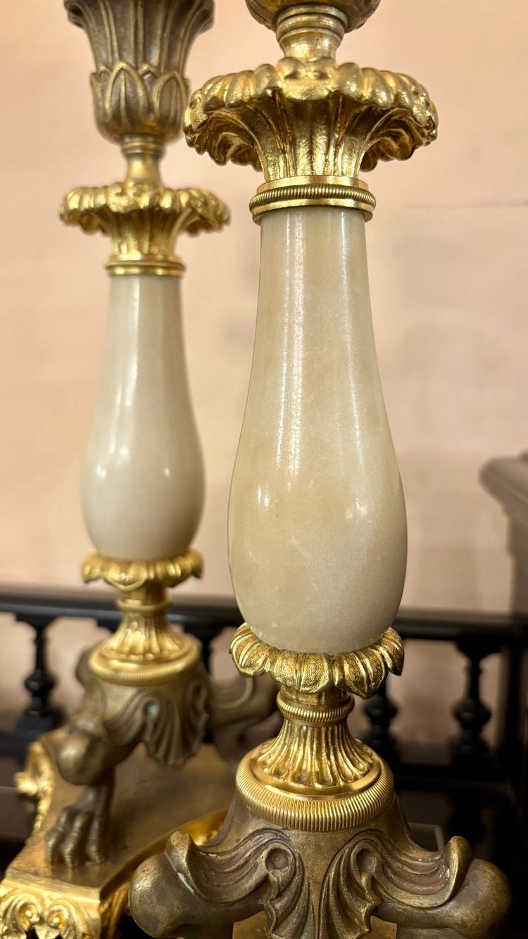 Pair of Agate and Gilt-Bronze Candlesticks, 19th Century