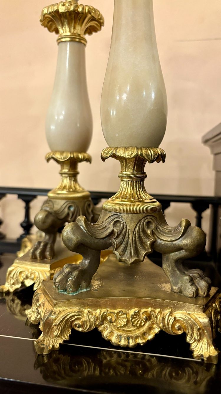 Pair of Agate and Gilt-Bronze Candlesticks, 19th Century