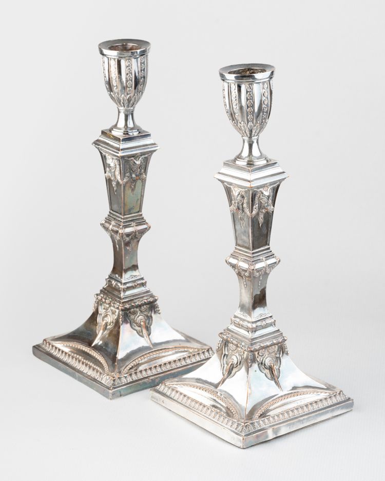Pair of silver-plated copper candlesticks, Empire period