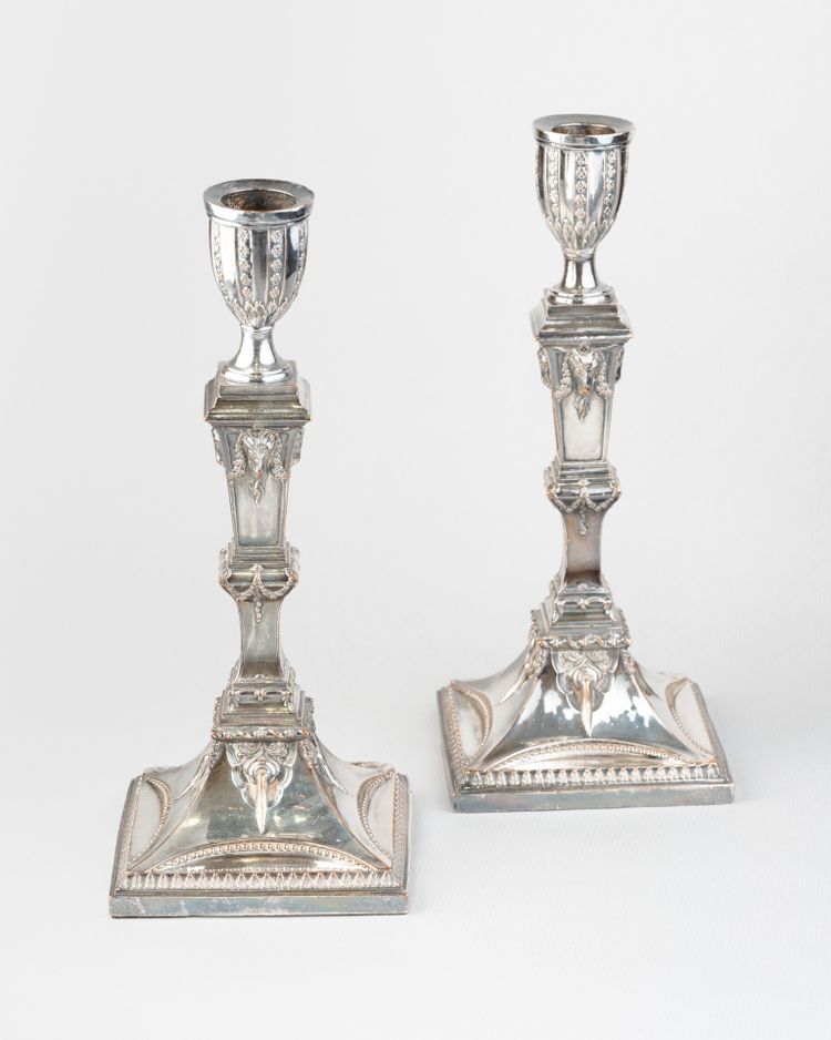 Pair of silver-plated copper candlesticks, Empire period