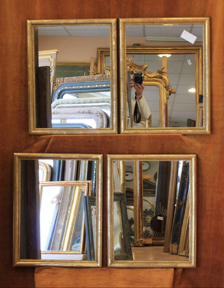Pair of Rectangular Gold-Leaf Mirrors with Beaded Half-Round Molding, 44 x 56 cm