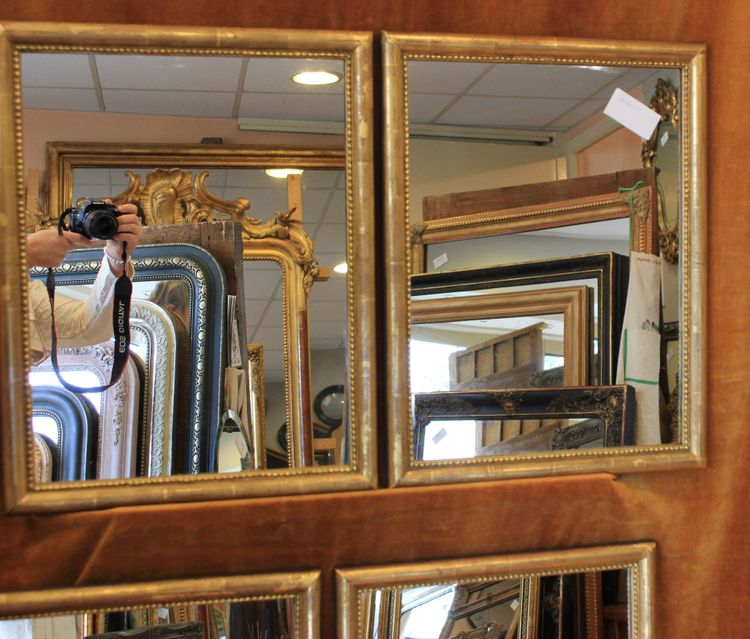 Pair of Rectangular Gold-Leaf Mirrors with Beaded Half-Round Molding, 44 x 56 cm