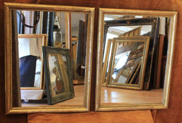 Pair of Rectangular Gold-Leaf Mirrors with Beaded Half-Round Molding, 44 x 56 cm