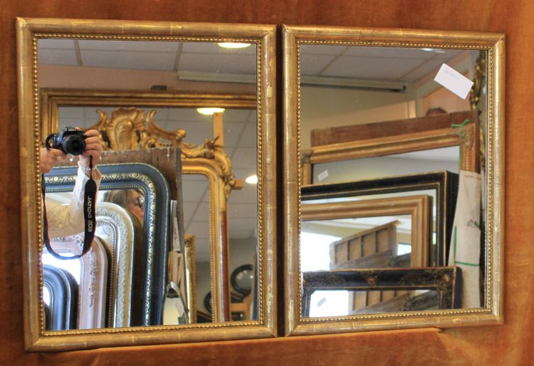 Pair of Rectangular Gold-Leaf Mirrors with Beaded Half-Round Molding, 44 x 56 cm