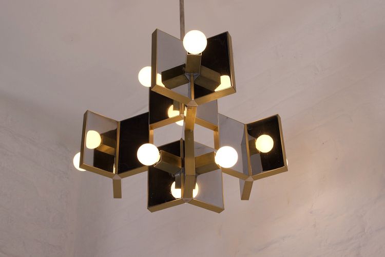 Brass and chrome mirror pendant light, Gaetano Sciolari.