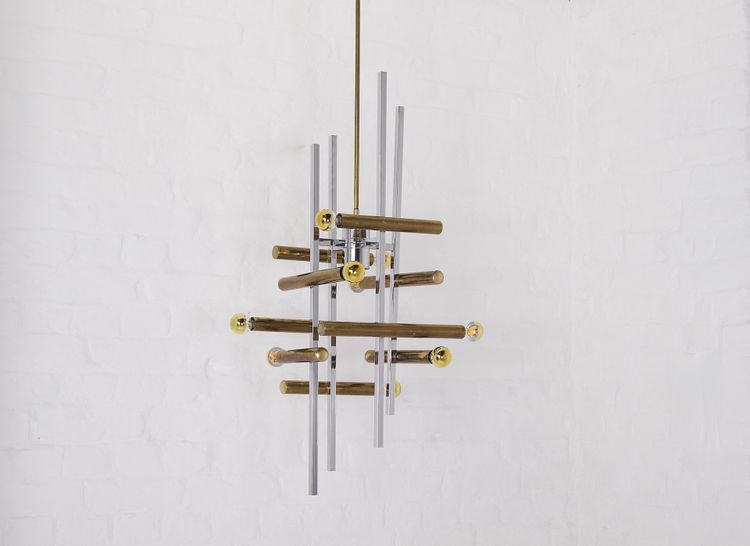 Large brass and chrome pendant light, Hollywood Regency style.