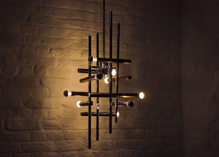 Large brass and chrome pendant light, Hollywood Regency style.