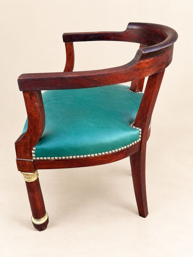 Fauteuil de bureau gondole Empire acajou & cuir vert, bronze doré