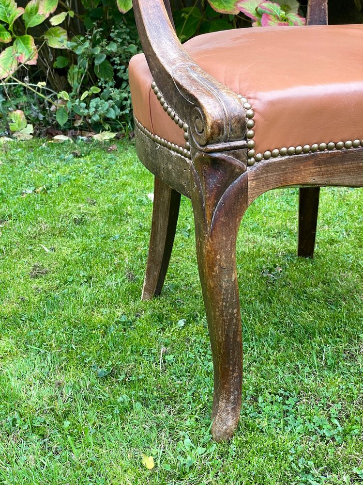 Fauteuil de bureau d’époque Louis Philippe, bois naturel et cuir