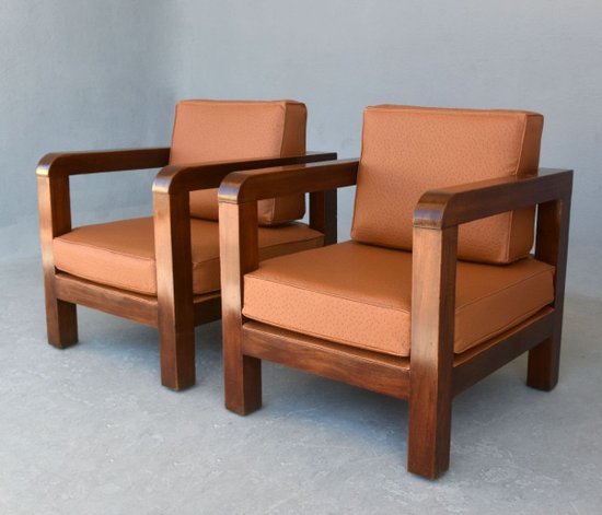 Coppia Di Poltrone Anni '40 Ecopelle Struzzo Havana