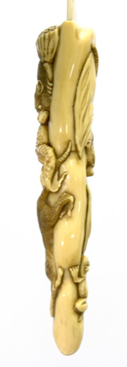Japanese Letter Opener In Carved Ivory Nineteenth With Rats And Frogs
