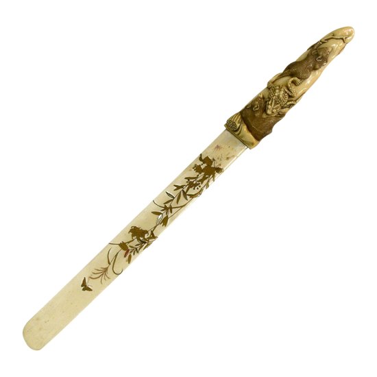 Japanese Letter Opener In Carved Ivory Nineteenth With Rats And Frogs