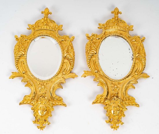 Pair Of Small Gilt Bronze Wall Mirrors Late 19th Century