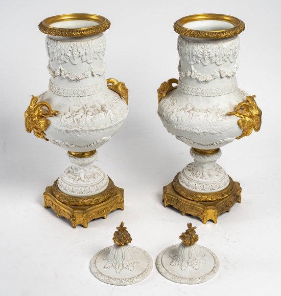 Pair Of Vases In Biscuit Late 19th Century