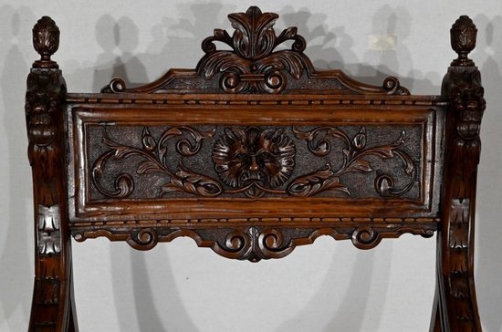 Coppia di importanti poltrone Dagobert, Curule, stile rinascimentale - Fine XIX secolo