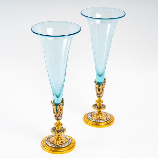 Pair Of Bronze And Enamel Cloisonné Horns Late 19th Century