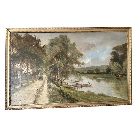  Grand tableau impressionniste XIX eme signé Paul MORIZET promenade en bords de Marne