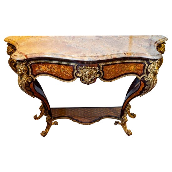 Coppia di console in legno esotico intarsiato Napoleone III