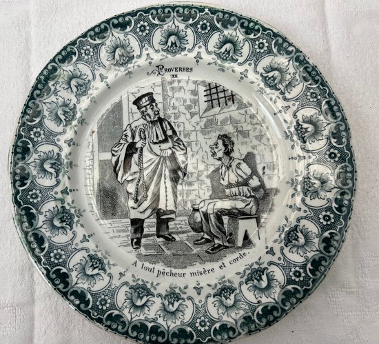 Complete set of 12 Antique Proverbial Talking Plates Saint Amand Hamage