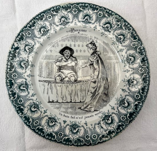 Complete set of 12 Antique Proverbial Talking Plates Saint Amand Hamage