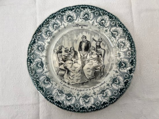 Complete set of 12 Antique Proverbial Talking Plates Saint Amand Hamage