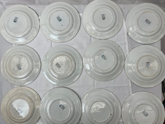 Complete set of 12 Antique Proverbial Talking Plates Saint Amand Hamage