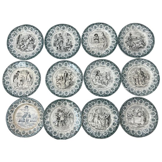 Complete set of 12 Antique Proverbial Talking Plates Saint Amand Hamage