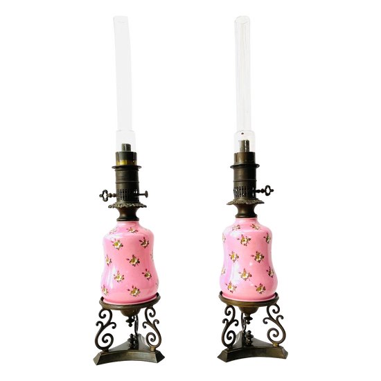 Pair of pink oil lamps Napoleon 3