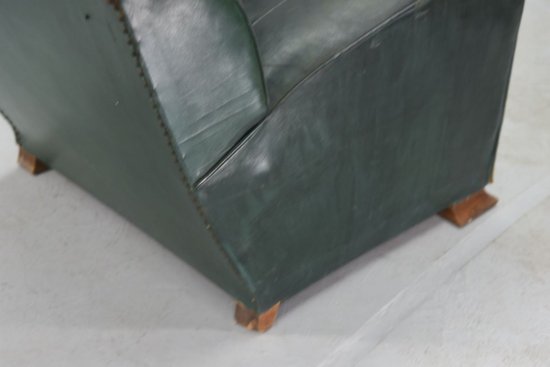 Fauteuil Club En Cuir Vert époque  Art Déco 1940