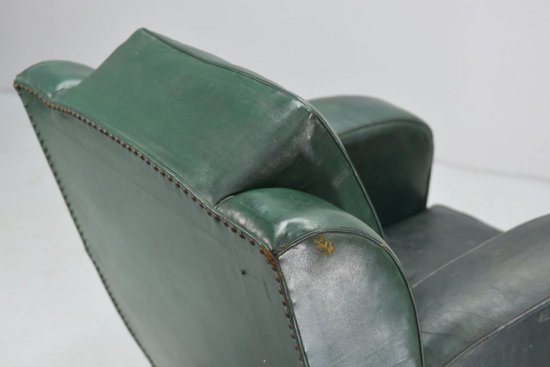 Fauteuil Club En Cuir Vert époque  Art Déco 1940